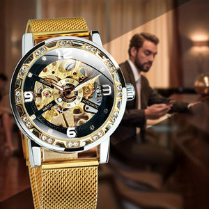 Vintage Skeleton Mechanical Watches Rhinestone Studded Stainless Steel Strap Luminous Watch, Ideal choice for Gifts