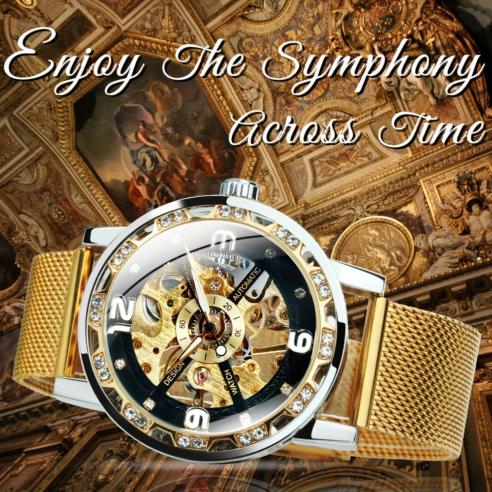 Vintage Skeleton Mechanical Watches Rhinestone Studded Stainless Steel Strap Luminous Watch, Ideal choice for Gifts