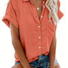 [Casual Shirt] Casual Summer Women's Short Sleeve V-Neck Button-Up Shirt with Pockets - Light Gray | Vacation Clothing, Glossy Texture