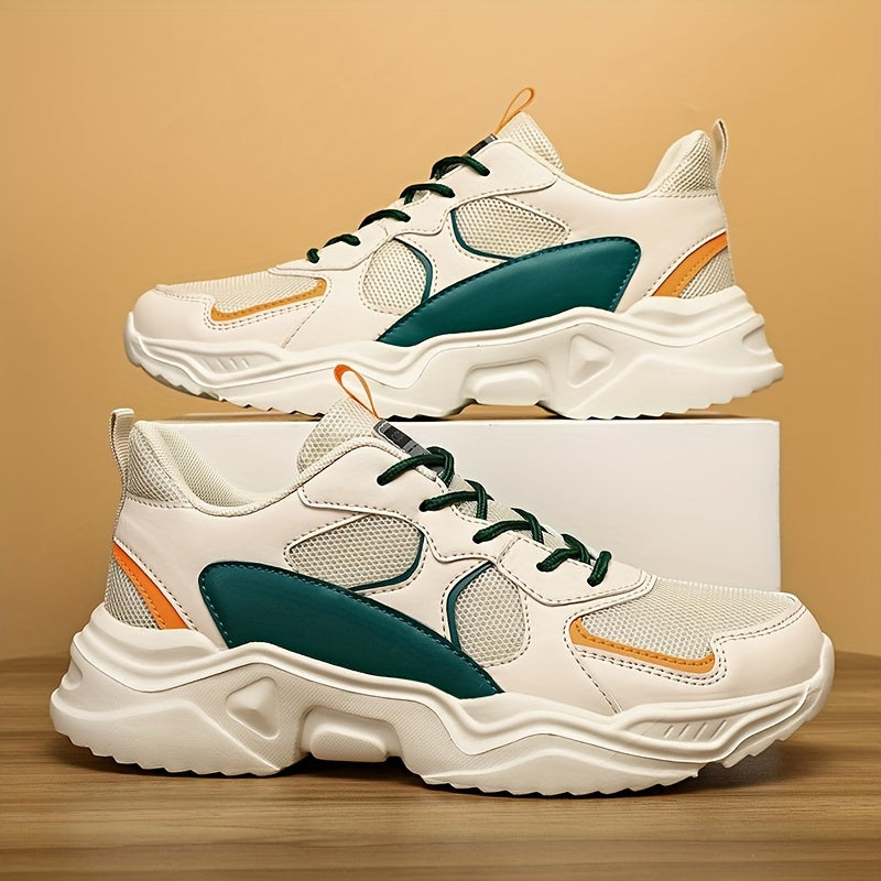 Men's Breathable Mesh Chunky Sneakers - White & Teal Casual Sneakers with EVA Sole, Lace-Up Design for All Seasons