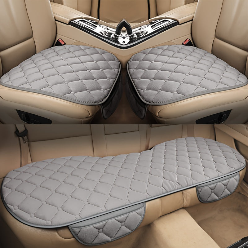 Diamond Pattern Plush Car Seat Cover Set - Universal Fit Warm Winter Automotive Seat Cushions, 3-Piece Vehicle Seat Pad Kit with Secure Buckle System for Car Interior Accessories