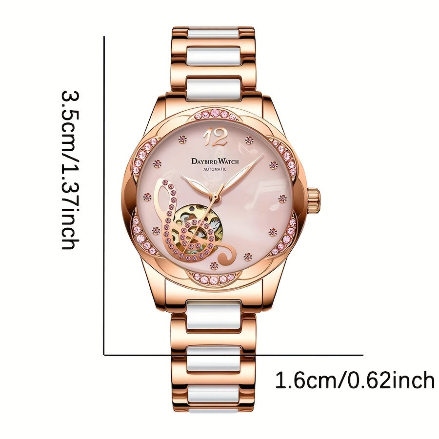 Stunning Rose Golden White Alloy Elegant Casual Style Hollowed Out Mechanical Watch for Women - Girls Watches with Timeless Design, Precise Movement, and Durable Construction - Perfect Accessory for Any Occasion