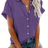 [Casual Shirt] Casual Summer Women's Short Sleeve V-Neck Button-Up Shirt with Pockets - Light Gray | Vacation Clothing, Glossy Texture