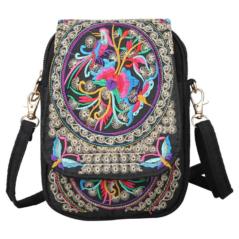 Women's Lightweight Embroidered Crossbody Bag with Detachable Strap - Floral Geometric Embroidery Design, Zipper Closure, Compact Mini Shoulder Bag for Everyday Essentials (Navy/Purple/Red/Black), Crossbody Bag, Polyester Lin