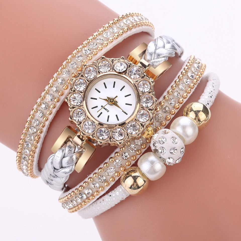 Fashion Watches For Girls, Creative Bead Rhinestone Studded Multi Layer Wrist Watches
