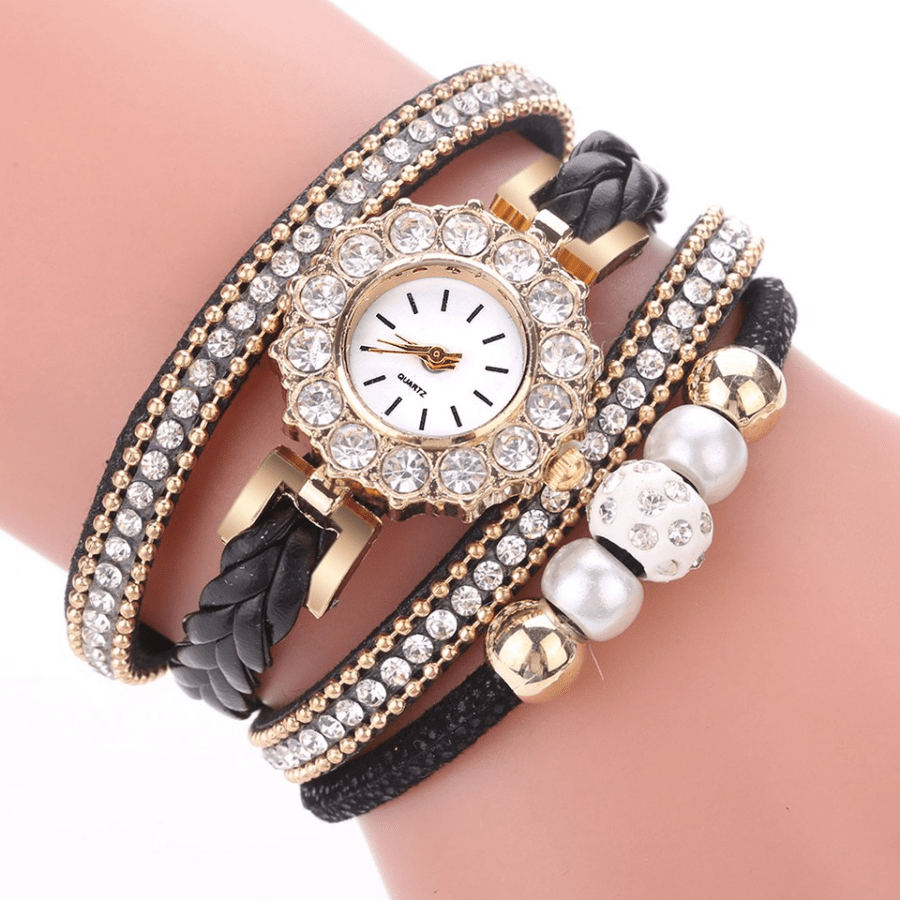 Fashion Watches For Girls, Creative Bead Rhinestone Studded Multi Layer Wrist Watches