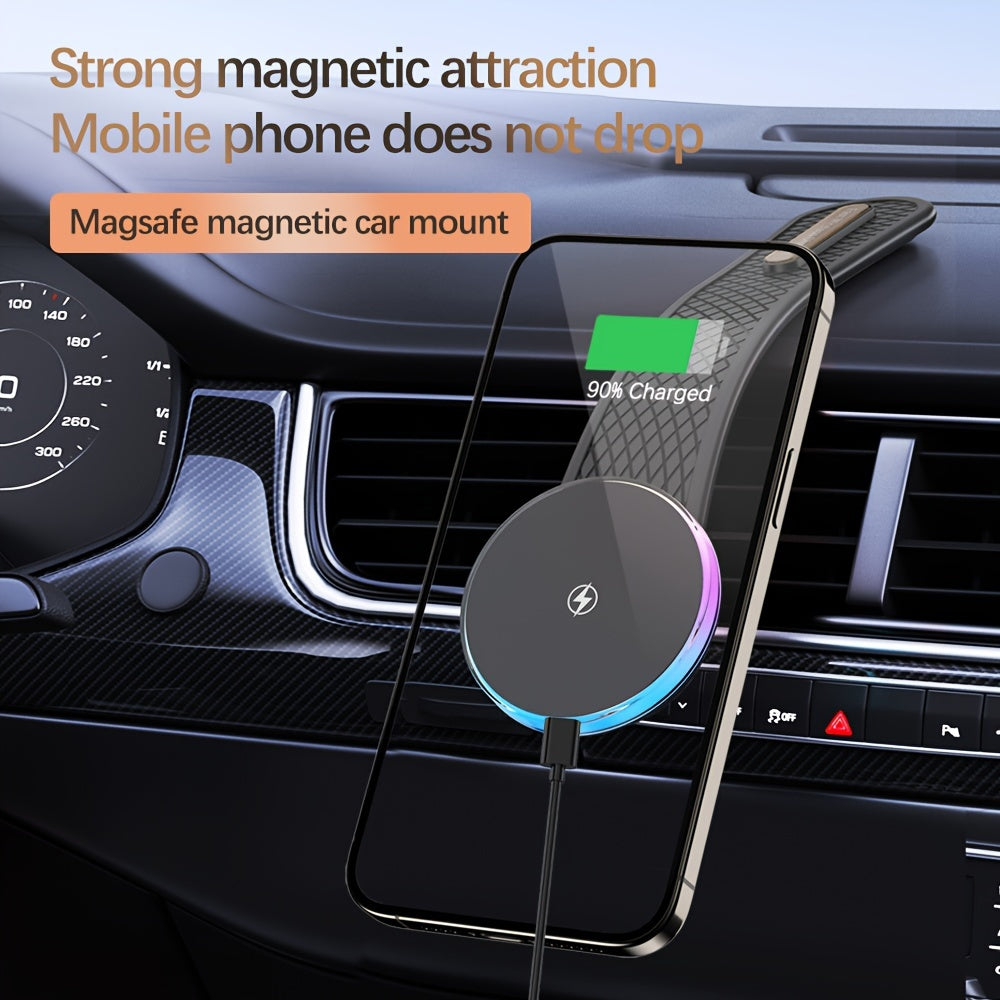1pc 15W Premium Car-mounted Folding Wireless Charger with Ambient Light - Strong Magnetic Suction, Foldable, Non-Slip, Universal Compatibility for Car, Home, Office - Easy to Use, Space-Saving, and Portable Automotive Accesso