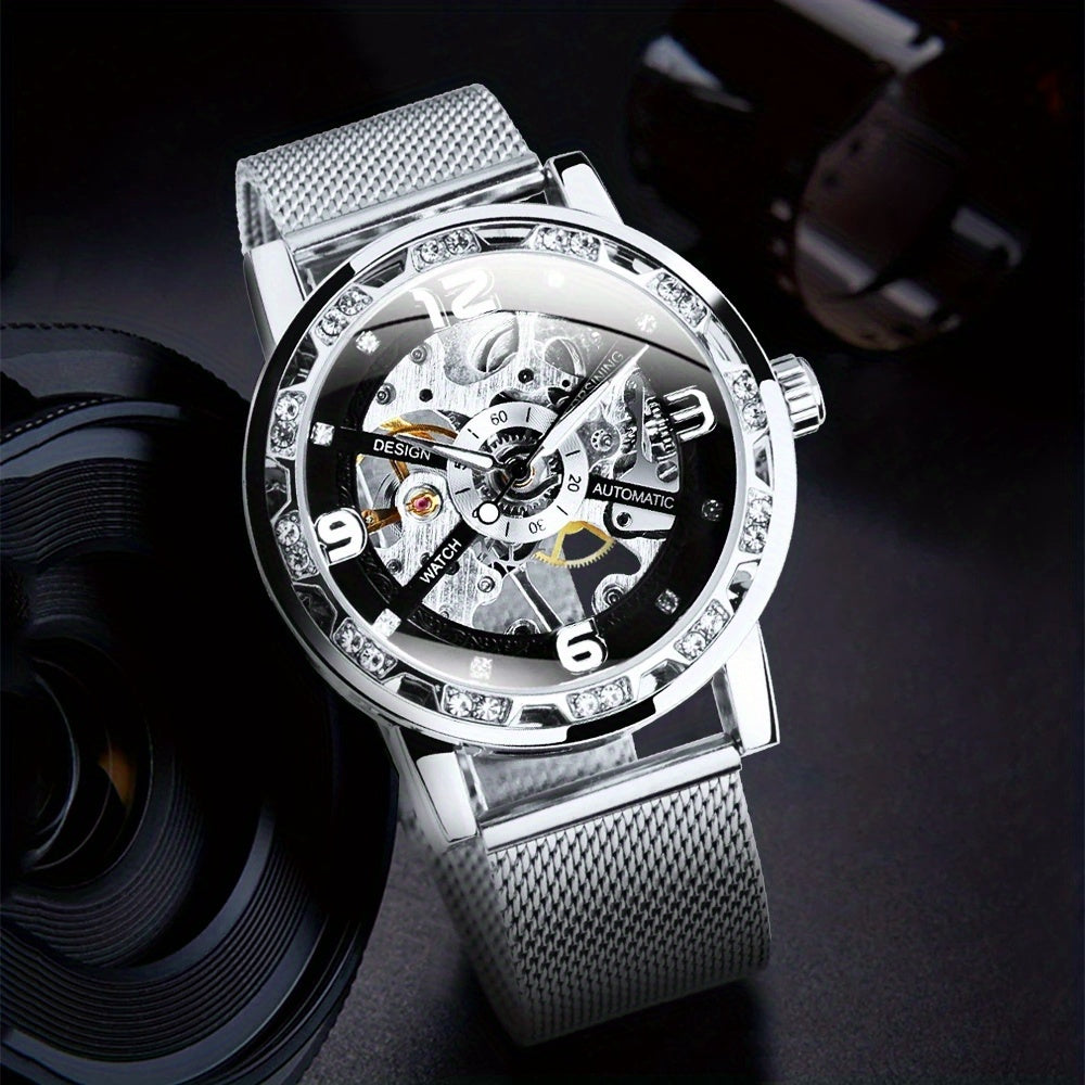 Vintage Skeleton Mechanical Watches Rhinestone Studded Stainless Steel Strap Luminous Watch, Ideal choice for Gifts