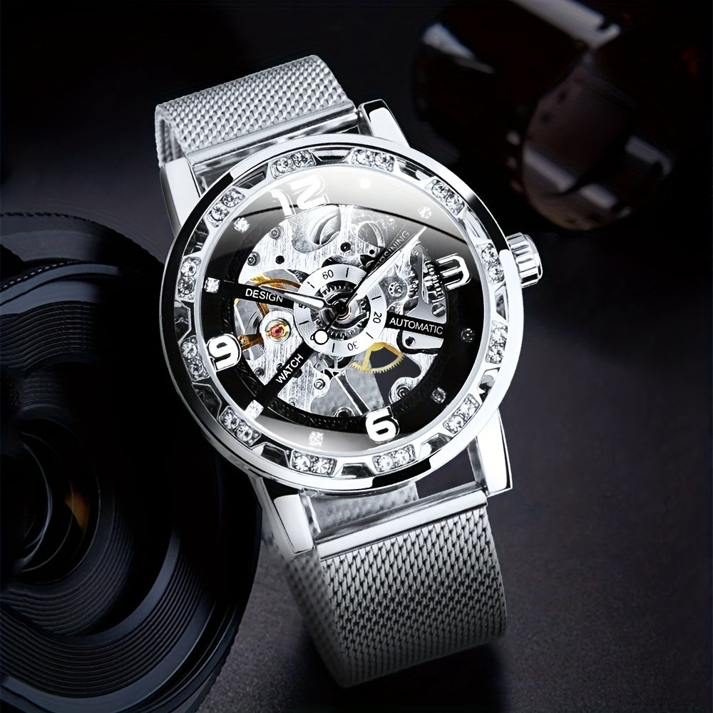 Vintage Skeleton Mechanical Watches Rhinestone Studded Stainless Steel Strap Luminous Watch, Ideal choice for Gifts