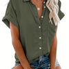 [Casual Shirt] Casual Summer Women's Short Sleeve V-Neck Button-Up Shirt with Pockets - Light Gray | Vacation Clothing, Glossy Texture