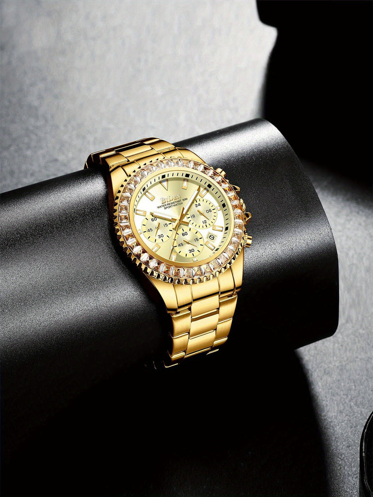 Mens Chronograph Stainless Steel Strap Waterproof Date Quartz Watch, Business Casual Wrist Watches