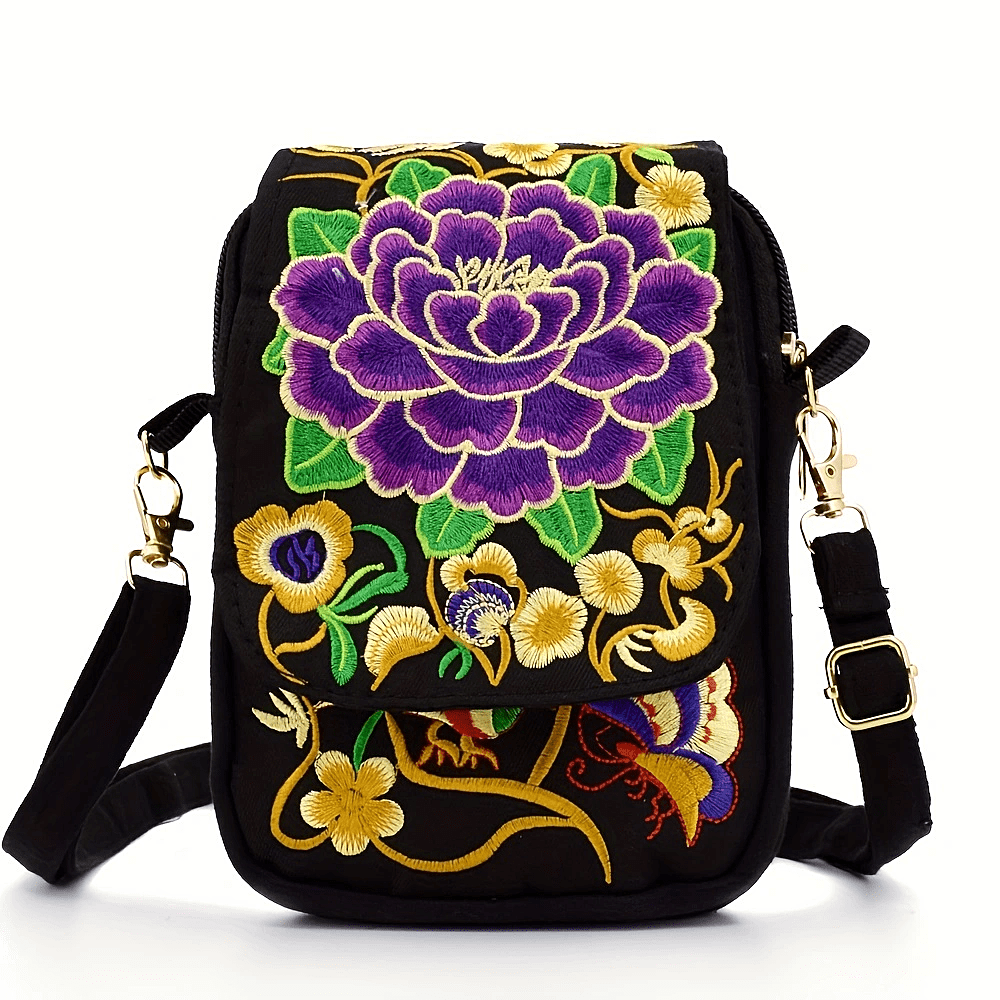 Women's Lightweight Embroidered Crossbody Bag with Detachable Strap - Floral Geometric Embroidery Design, Zipper Closure, Compact Mini Shoulder Bag for Everyday Essentials (Navy/Purple/Red/Black), Crossbody Bag, Polyester Lin