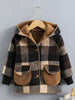 Boys' Long Sleeve Plaid Fleece-Lined Jacket with Button Front & Pockets - Cozy Fall/Winter Warmth, Casual Cardigan Collar, Brown/ Tartan Pattern, Machine Washable For Outdoor Play & Casual Attire, Winter Jacket For Boys, Fall