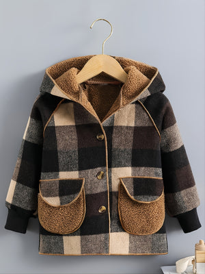 Boys' Long Sleeve Plaid Fleece-Lined Jacket with Button Front & Pockets - Cozy Fall/Winter Warmth, Casual Cardigan Collar, Brown/ Tartan Pattern, Machine Washable For Outdoor Play & Casual Attire, Winter Jacket For Boys, Fall