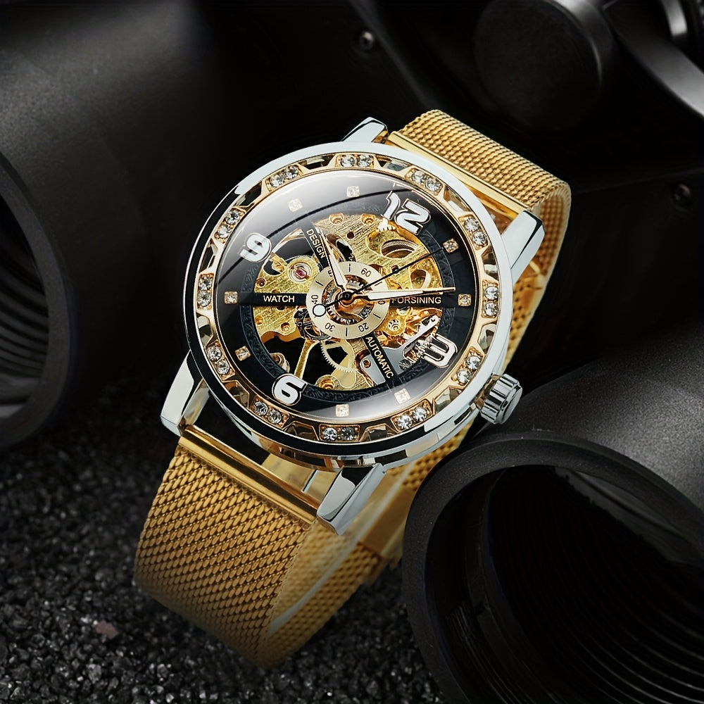 Vintage Skeleton Mechanical Watches Rhinestone Studded Stainless Steel Strap Luminous Watch, Ideal choice for Gifts
