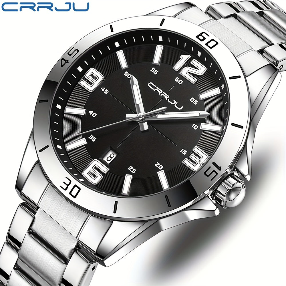 CRRJU Brand Men Watches Business Quartz Watch Men's Stainless Steel Band 1181.1inch Waterproof Date Wristwatches, Ideal choice for Gifts