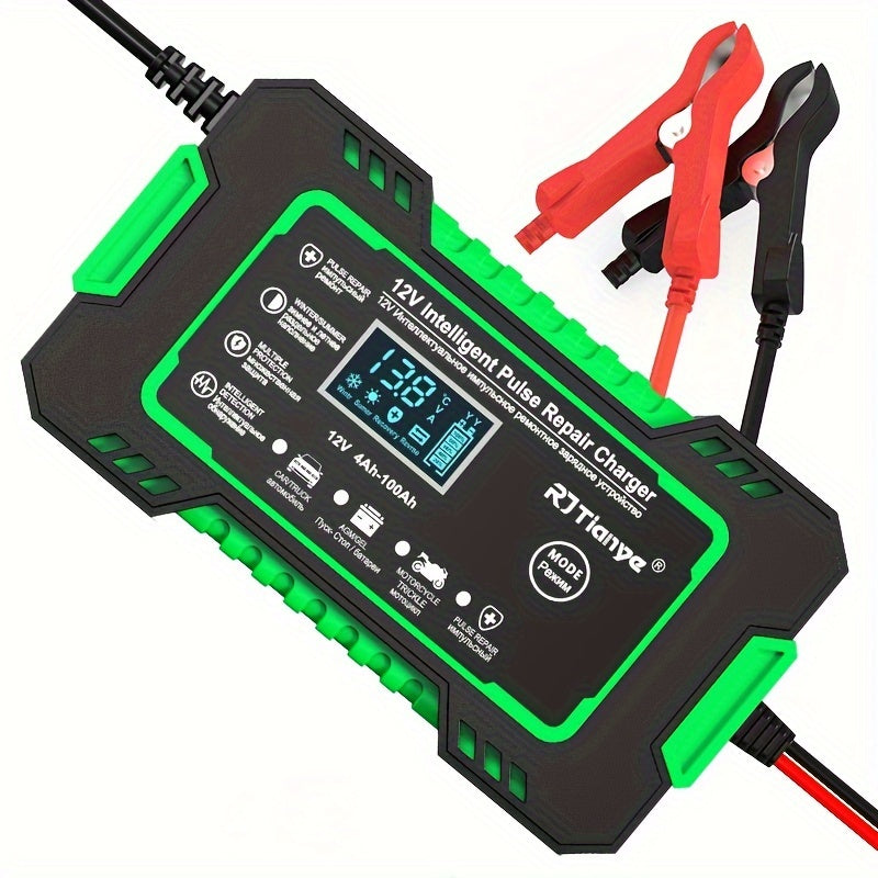 [Smart Battery Charger] RJTIANYE Smart Pulse 12V 6A Battery Charger | Temperature Compensated Trickle Charger with LCD Display, Overcharge Protection & Desulfator for 4-100Ah AGM/GEL/SLA, 110-230V AC Automotive Maintainer for
