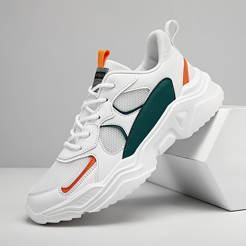 Men's Breathable Mesh Chunky Sneakers - White & Teal Casual Sneakers with EVA Sole, Lace-Up Design for All Seasons