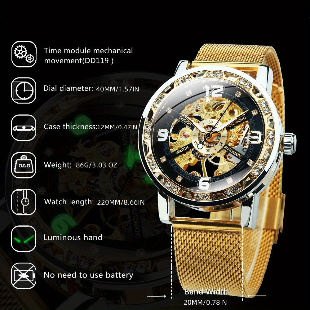 Vintage Skeleton Mechanical Watches Rhinestone Studded Stainless Steel Strap Luminous Watch, Ideal choice for Gifts