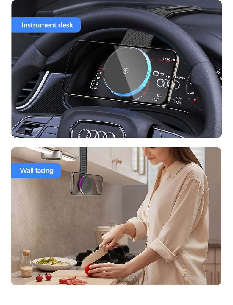 1pc 15W Premium Car-mounted Folding Wireless Charger with Ambient Light - Strong Magnetic Suction, Foldable, Non-Slip, Universal Compatibility for Car, Home, Office - Easy to Use, Space-Saving, and Portable Automotive Accesso