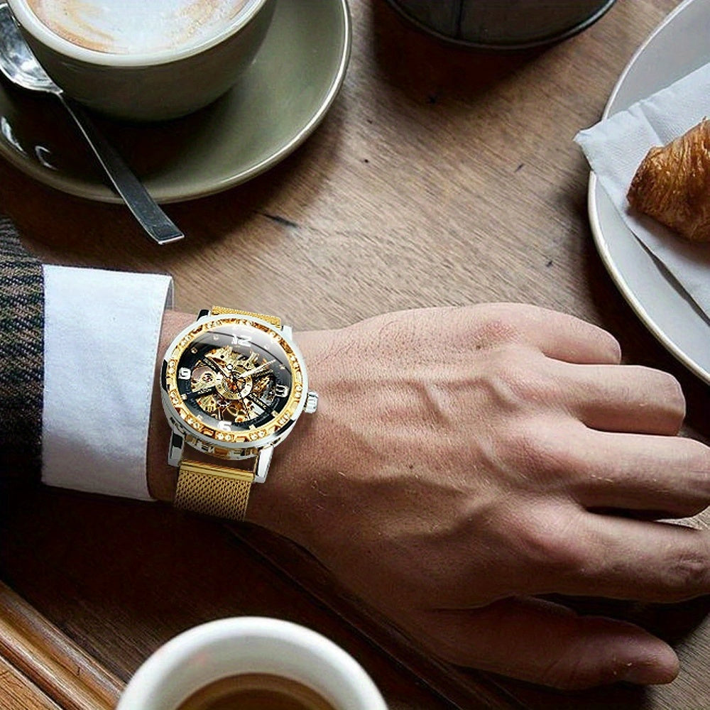 Vintage Skeleton Mechanical Watches Rhinestone Studded Stainless Steel Strap Luminous Watch, Ideal choice for Gifts