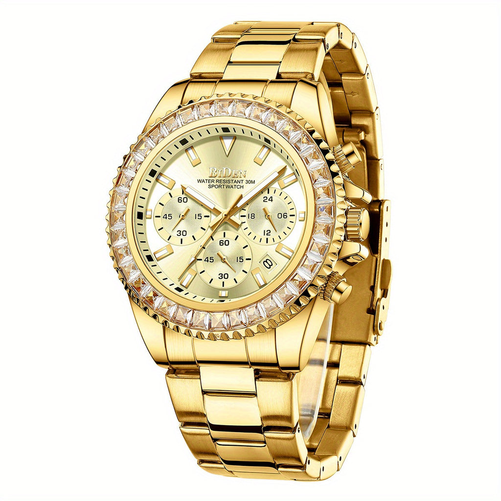 Mens Chronograph Stainless Steel Strap Waterproof Date Quartz Watch, Business Casual Wrist Watches