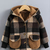 Boys' Long Sleeve Plaid Fleece-Lined Jacket with Button Front & Pockets - Cozy Fall/Winter Warmth, Casual Cardigan Collar, Brown/ Tartan Pattern, Machine Washable For Outdoor Play & Casual Attire, Winter Jacket For Boys, Fall