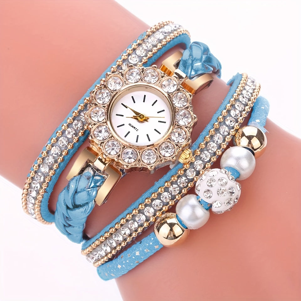 Fashion Watches For Girls, Creative Bead Rhinestone Studded Multi Layer Wrist Watches
