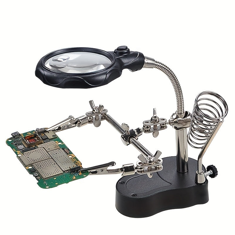 Professional Electronic Inspection & Repair Station with Built-in Lighted Magnifying Glass - Heavy-Duty Adjustable Folding Stand, Ergonomic Base, Battery-Powered (Low Voltage) - for Electronics Repair, Watchmaking, Jewelry, M