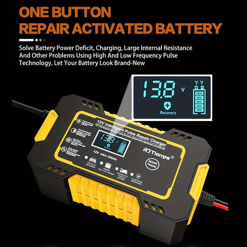 [Smart Battery Charger] RJTIANYE Smart Pulse 12V 6A Battery Charger | Temperature Compensated Trickle Charger with LCD Display, Overcharge Protection & Desulfator for 4-100Ah AGM/GEL/SLA, 110-230V AC Automotive Maintainer for
