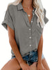 [Casual Shirt] Casual Summer Women's Short Sleeve V-Neck Button-Up Shirt with Pockets - Light Gray | Vacation Clothing, Glossy Texture
