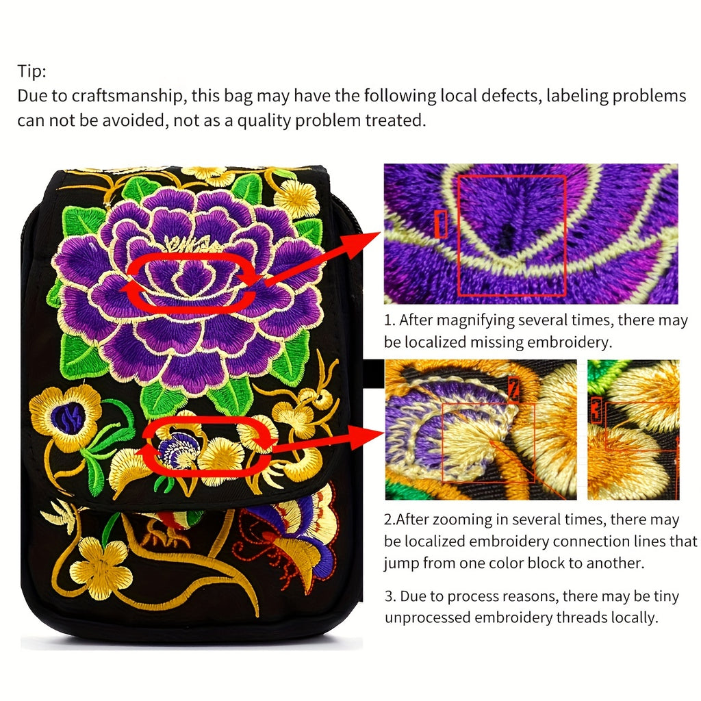 Women's Lightweight Embroidered Crossbody Bag with Detachable Strap - Floral Geometric Embroidery Design, Zipper Closure, Compact Mini Shoulder Bag for Everyday Essentials (Navy/Purple/Red/Black), Crossbody Bag, Polyester Lin