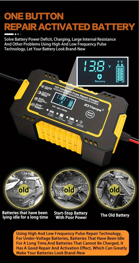 [Smart Battery Charger] RJTIANYE Smart Pulse 12V 6A Battery Charger | Temperature Compensated Trickle Charger with LCD Display, Overcharge Protection & Desulfator for 4-100Ah AGM/GEL/SLA, 110-230V AC Automotive Maintainer for