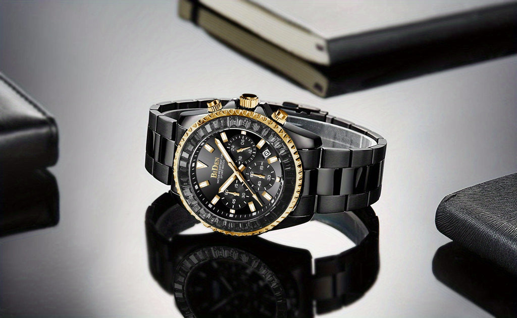 Mens Chronograph Stainless Steel Strap Waterproof Date Quartz Watch, Business Casual Wrist Watches