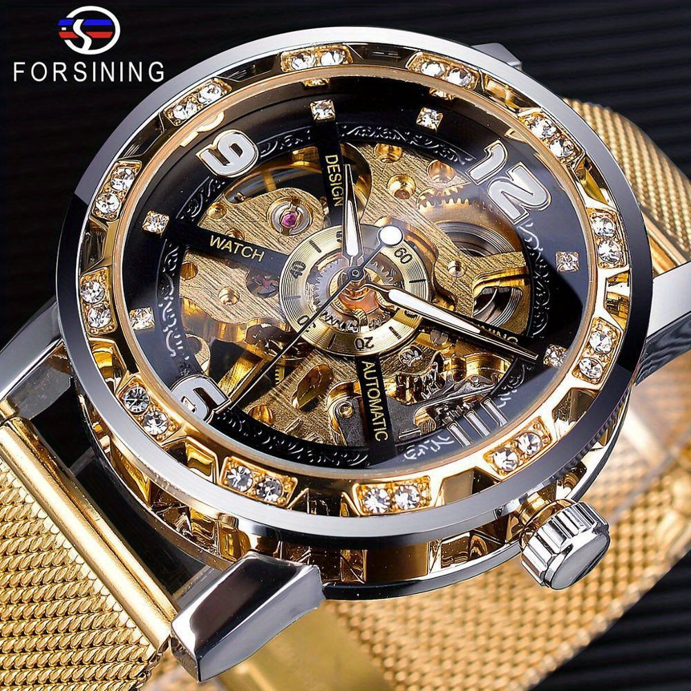 Vintage Skeleton Mechanical Watches Rhinestone Studded Stainless Steel Strap Luminous Watch, Ideal choice for Gifts