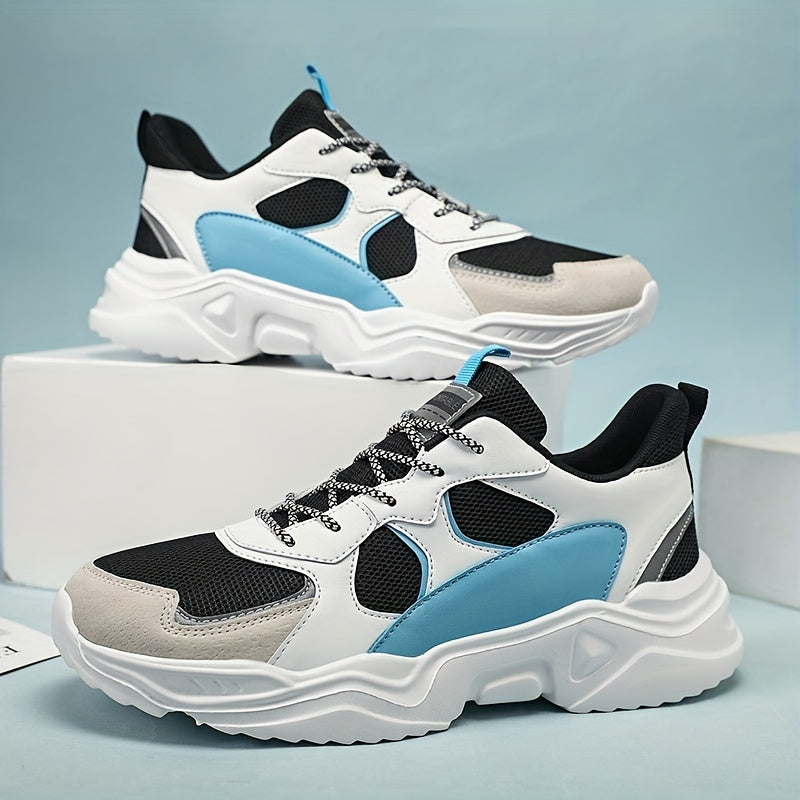 Men's Breathable Mesh Chunky Sneakers - White & Teal Casual Sneakers with EVA Sole, Lace-Up Design for All Seasons