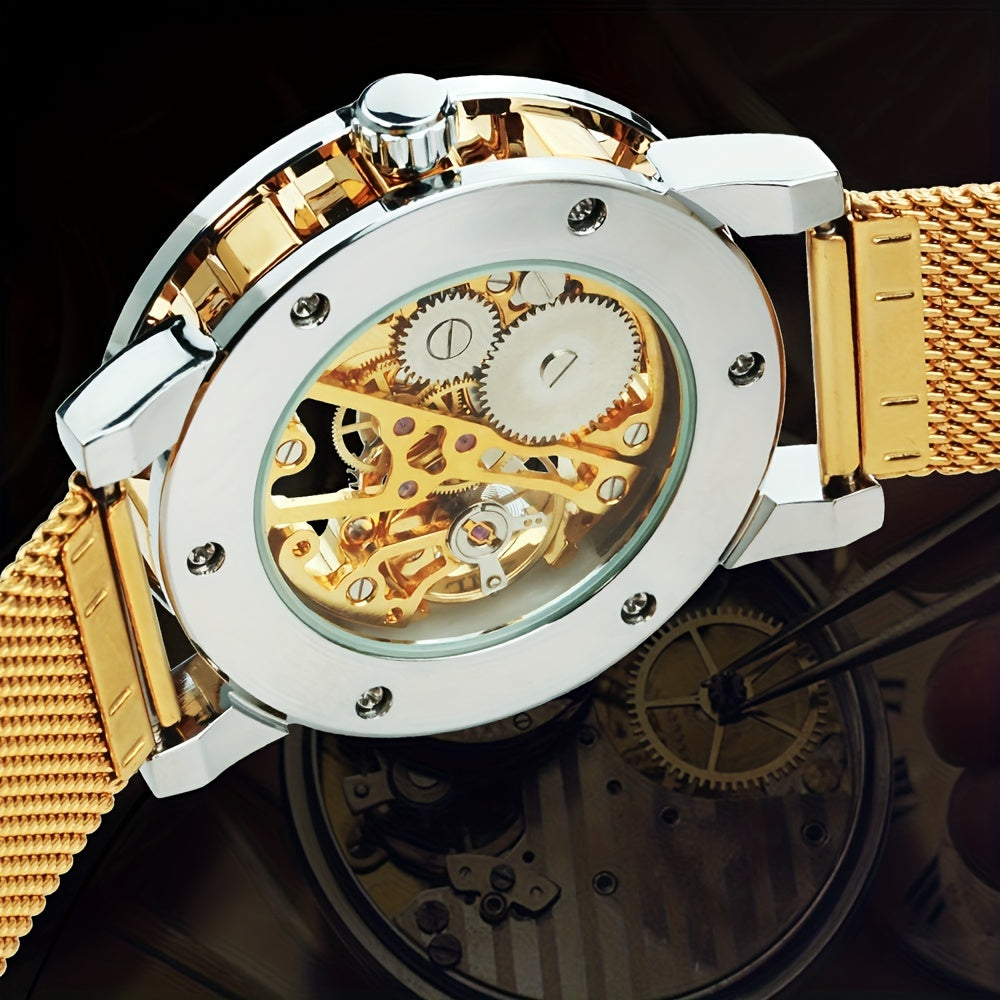 Vintage Skeleton Mechanical Watches Rhinestone Studded Stainless Steel Strap Luminous Watch, Ideal choice for Gifts