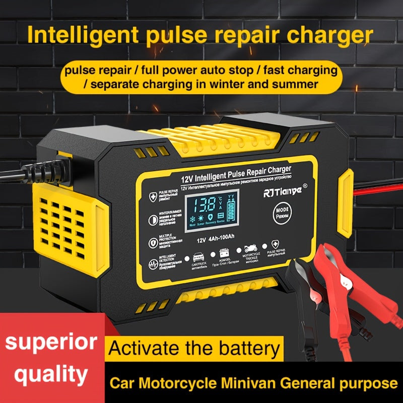 [Smart Battery Charger] RJTIANYE Smart Pulse 12V 6A Battery Charger | Temperature Compensated Trickle Charger with LCD Display, Overcharge Protection & Desulfator for 4-100Ah AGM/GEL/SLA, 110-230V AC Automotive Maintainer for
