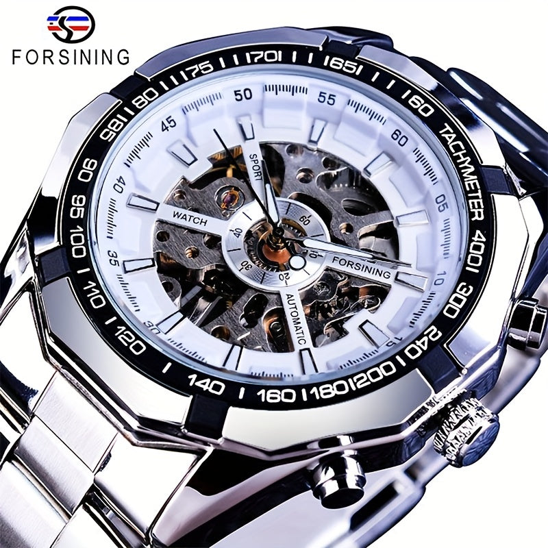 Forsining Stainless Steel Business Men's Automatic Mechanical Watches, Fashion Luminous Hollow Sport Wrist Watch, Ideal choice for Gifts