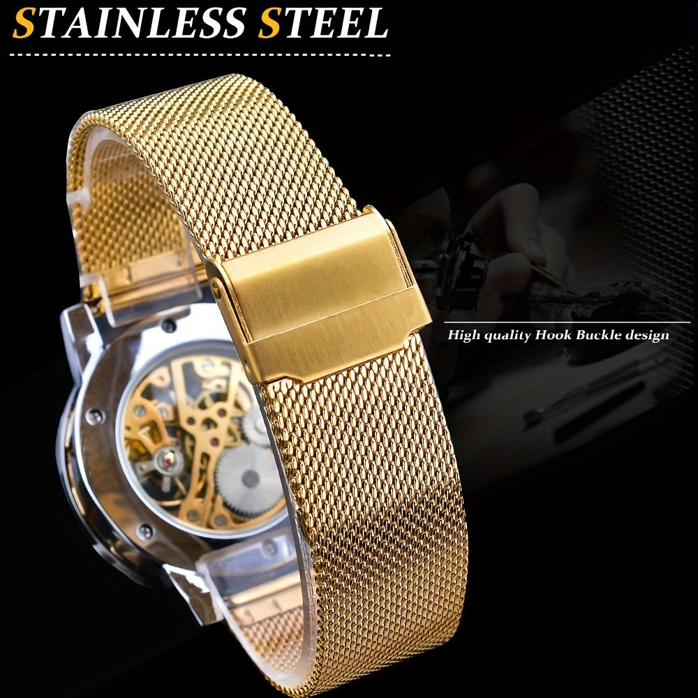 Vintage Skeleton Mechanical Watches Rhinestone Studded Stainless Steel Strap Luminous Watch, Ideal choice for Gifts