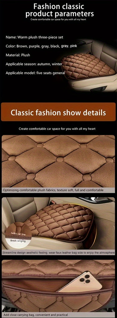 Diamond Pattern Plush Car Seat Cover Set - Universal Fit Warm Winter Automotive Seat Cushions, 3-Piece Vehicle Seat Pad Kit with Secure Buckle System for Car Interior Accessories
