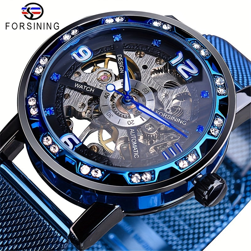 Vintage Skeleton Mechanical Watches Rhinestone Studded Stainless Steel Strap Luminous Watch, Ideal choice for Gifts