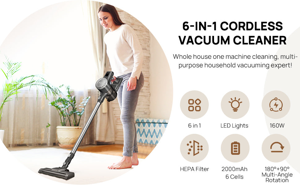 Pet Friendly-Cordless Vacuum Cleaners,6-in-1 Stick Vacuum Up to 40 Mins Runtime,30Kpa for Home/Carpet/Hardwood Floor/Pet Hair