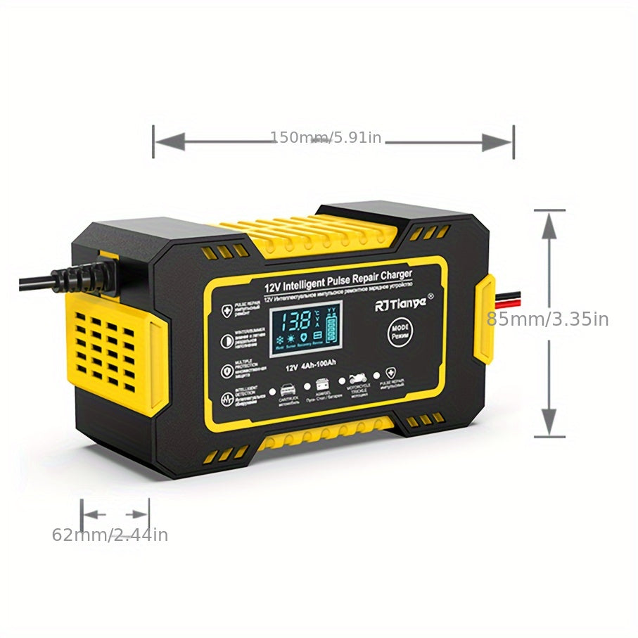 [Smart Battery Charger] RJTIANYE Smart Pulse 12V 6A Battery Charger | Temperature Compensated Trickle Charger with LCD Display, Overcharge Protection & Desulfator for 4-100Ah AGM/GEL/SLA, 110-230V AC Automotive Maintainer for