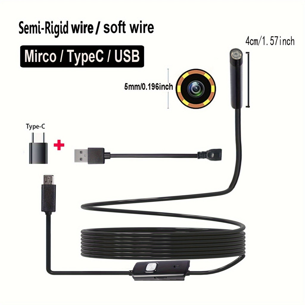 5Mm/0.196In Mini Camera Industrial Cameras Endoscope, Android Mobile Phone Camera, Pipeline Detection, Industrial, Automotive Repair, Carbon Deposition, Visual Repair, Air Conditioning 1-10M Probe