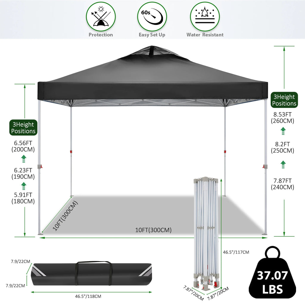 3x3m Gazebo Pop Up Canopy Tent Waterproof Foldable Gazebo Height Adjustable Party Tent For Beach Garden PartyCamping No Sidewall