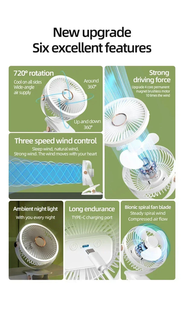 Camping Fan Rechargeable Desktop Portable Air Circulator Wireless Ceiling Electric Fan With LED Light Clip-on Home Fan 8000mAh