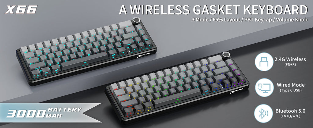 ATTACK SHARK X66 Wireless Mechanical Keyboard with Side Printed PBT Keycaps BT & 2.4G Wireless & Type -C Wired Hot-swap 16 Milli