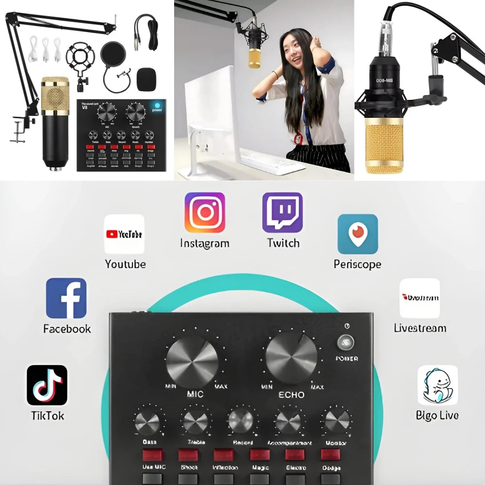 Kit Completo Interface Mesa V8 + Microfone Bm800 Com Braço Articulado