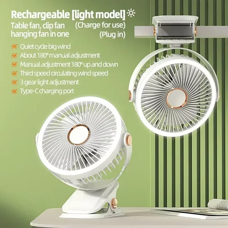 Camping Fan Rechargeable Desktop Portable Air Circulator Wireless Ceiling Electric Fan With LED Light Clip-on Home Fan 8000mAh